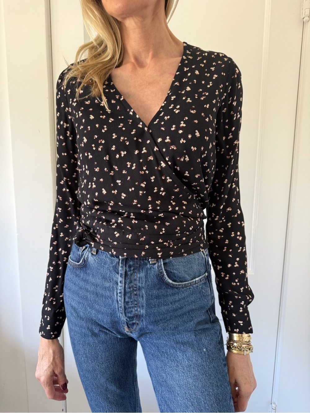 Sezane Black Floral Wrap Long-Sleeve Top